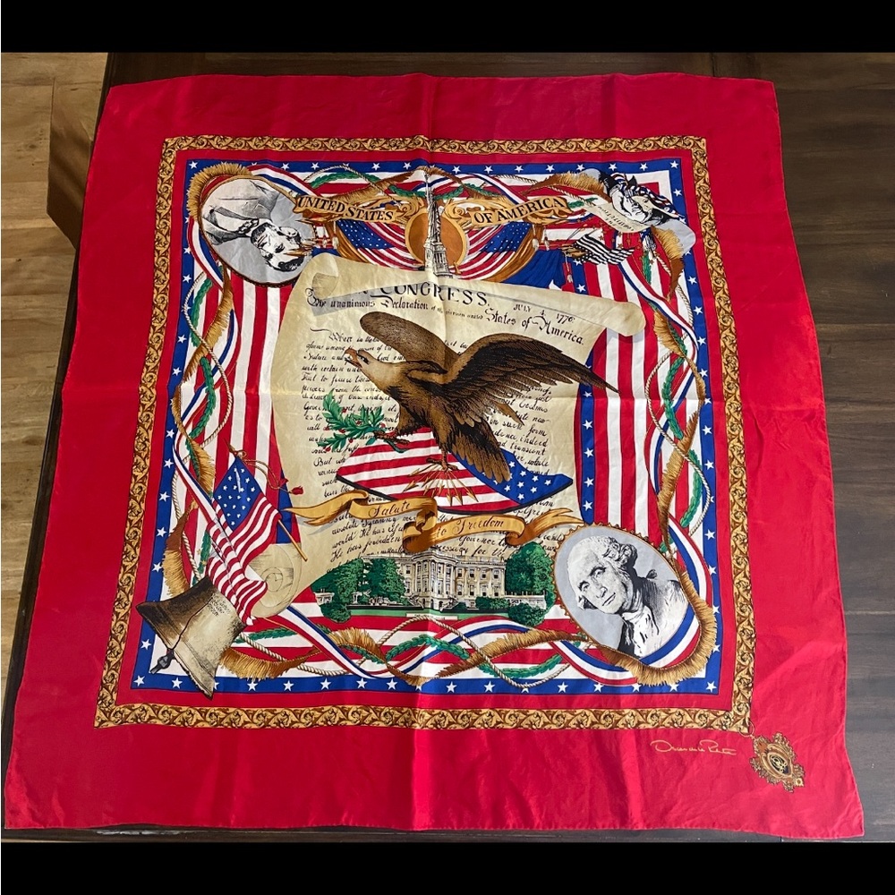Oscar de la Renta Red Scarf with Eagle and Flag Motif